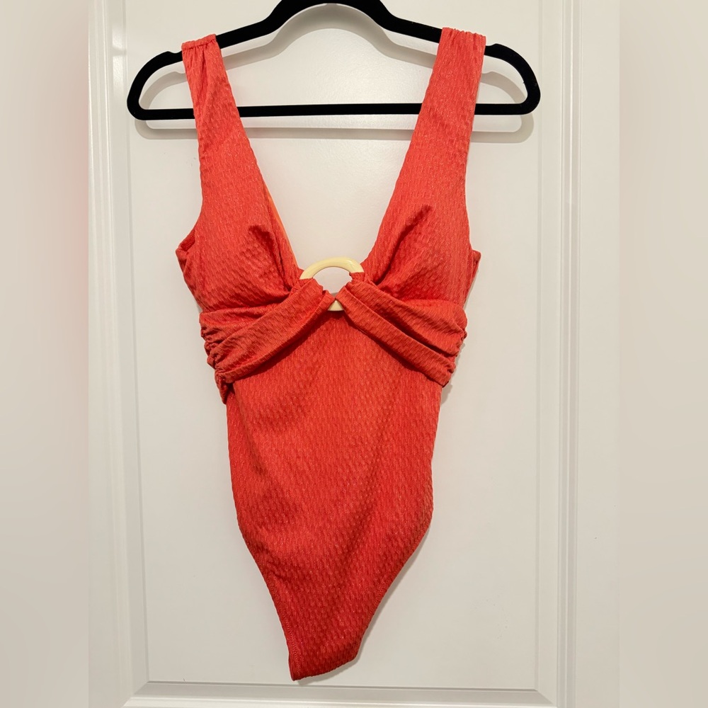 Textured One-Piece Swimsuit with Front Ring in Coral